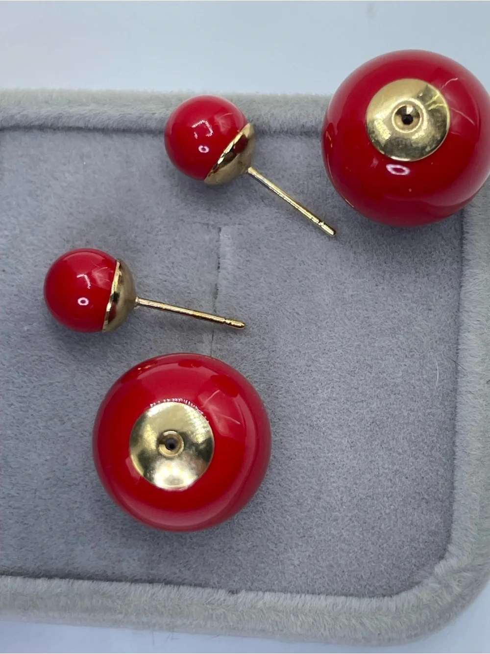 Vintage Red Acrylic Double Ball Stud Earrings Gold Tone Retro